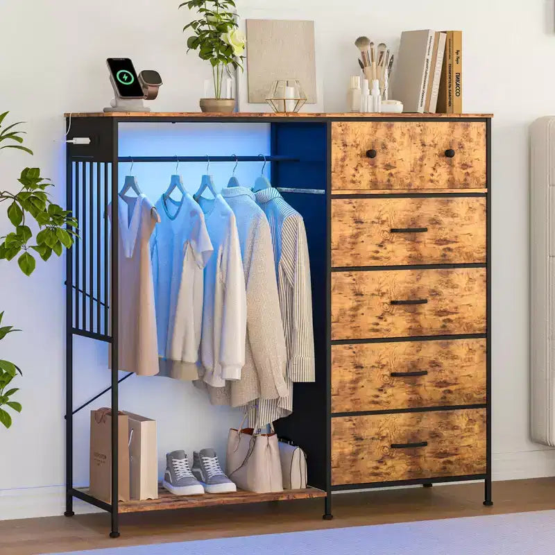 Commode 125 cm avec tringle et lumières, tour de rangement à 6 tiroirs avec station de charge et plateau en bois réversible pour chambre à coucher