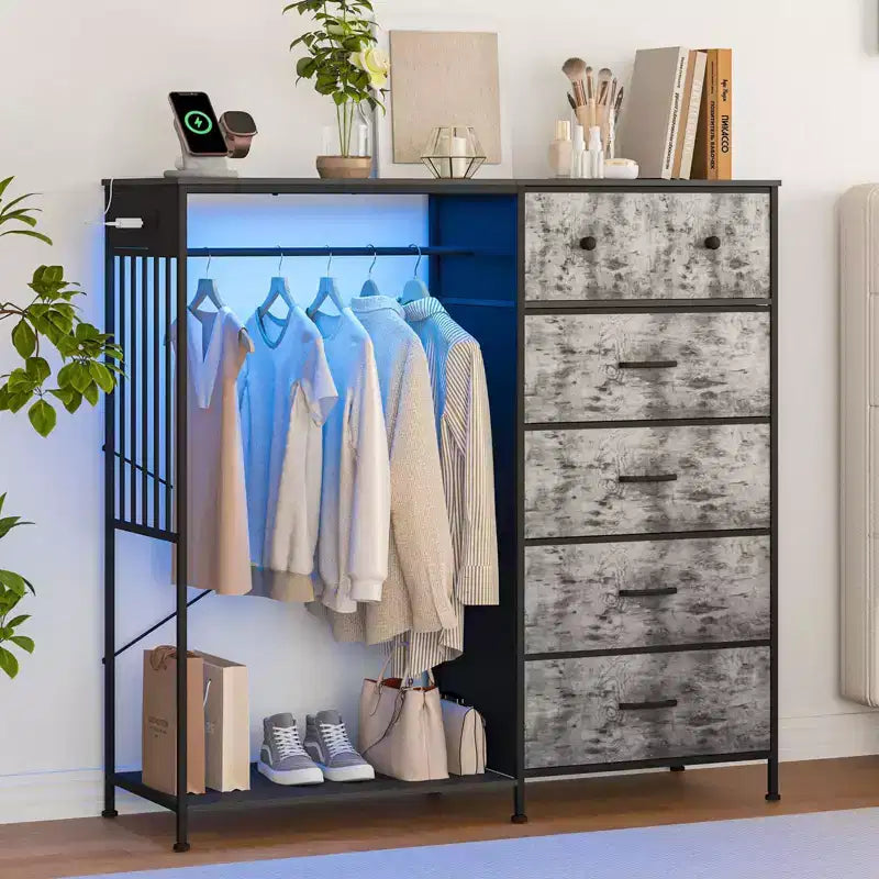 Commode 125 cm avec tringle et lumières, tour de rangement à 6 tiroirs avec station de charge et plateau en bois réversible pour chambre à coucher