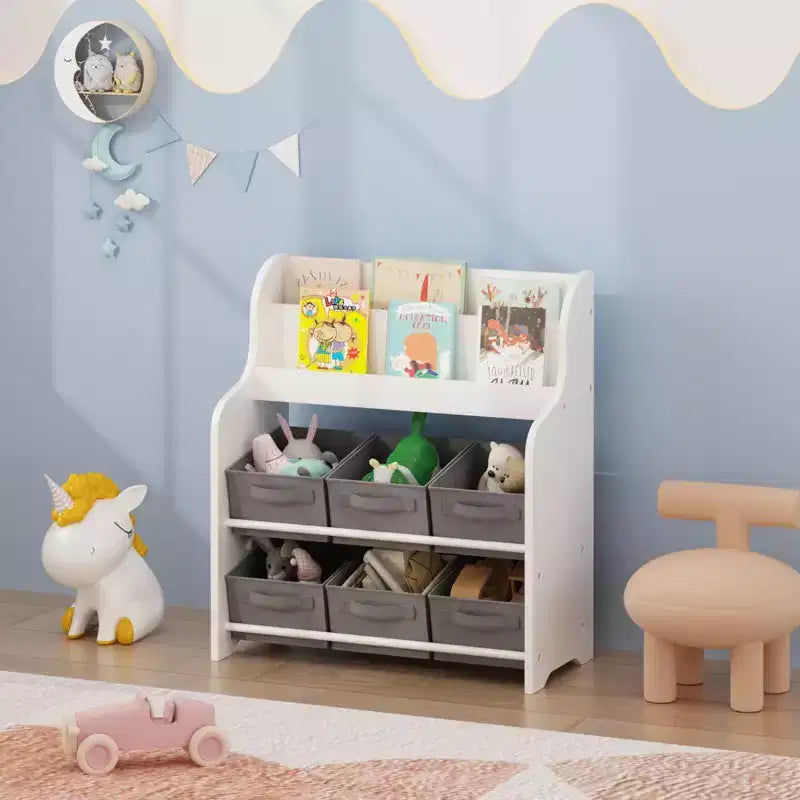 Étagère à Livres pour Enfants avec 6 Bacs en Tissu, Présentoir de Livres et Organisateur de Rangement de Jouets pour Salle de Jeux ou Chambre d'Enfant, Blanc et Gris