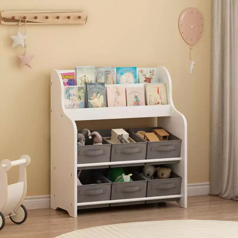 Étagère à Livres pour Enfants avec 6 Bacs en Tissu, Présentoir de Livres et Organisateur de Rangement de Jouets pour Salle de Jeux ou Chambre d'Enfant, Blanc et Gris