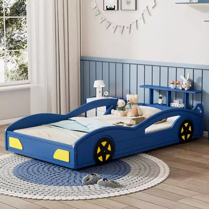 Lit jumeau plate-forme en bois en forme de voiture avec roulettes et rangement