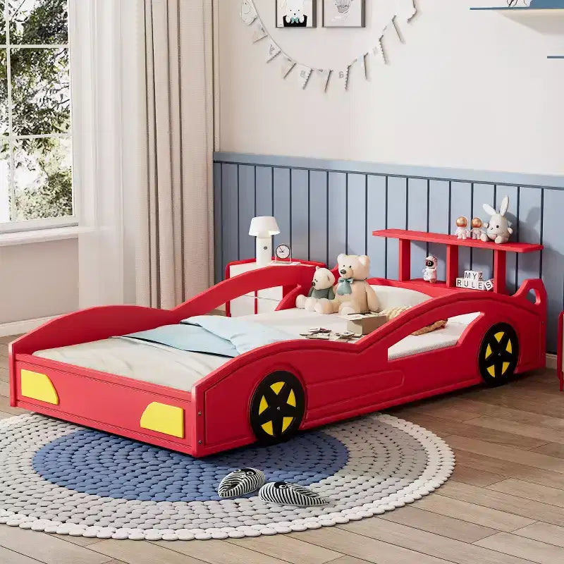 Lit jumeau plate-forme en bois en forme de voiture avec roulettes et rangement