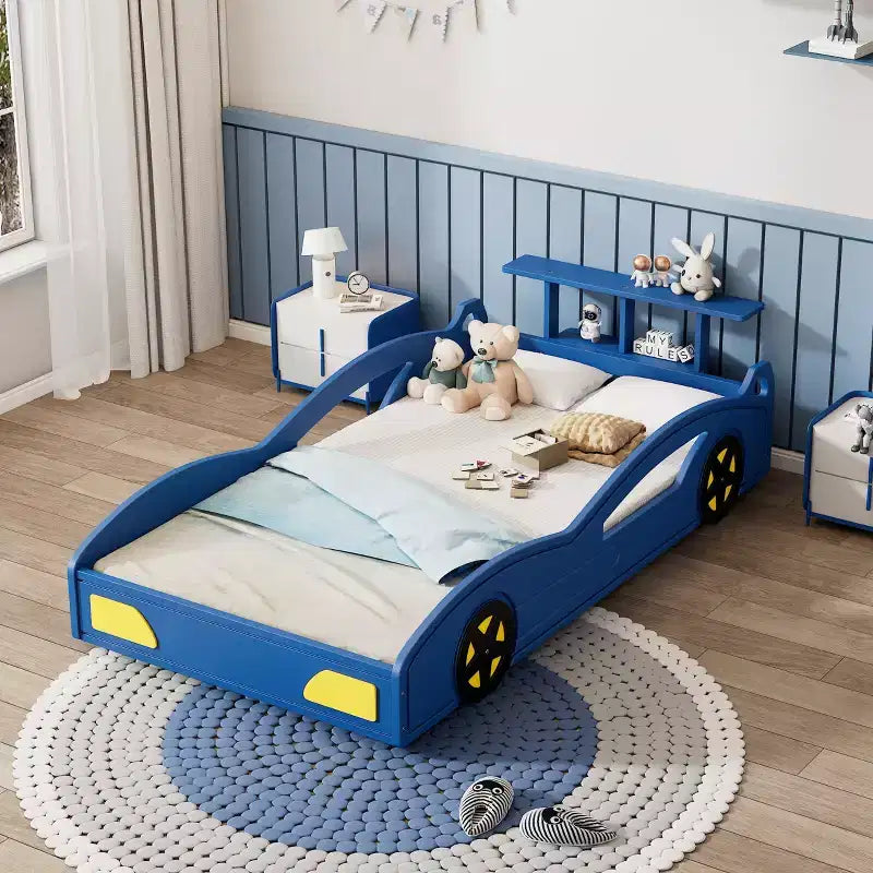 GDFStudio Curme Wooden Car-Shaped Platform Twin Bed with Wheels and Storage