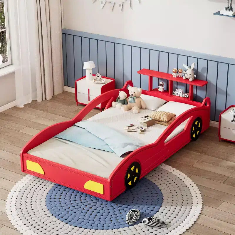 Lit jumeau plate-forme en bois en forme de voiture avec roulettes et rangement