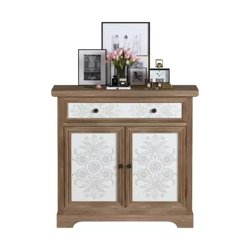 Meuble d'appoint rustique style ferme avec portes sculptées florales, 1 tiroir et rangement double-porte pour salon ou entrée