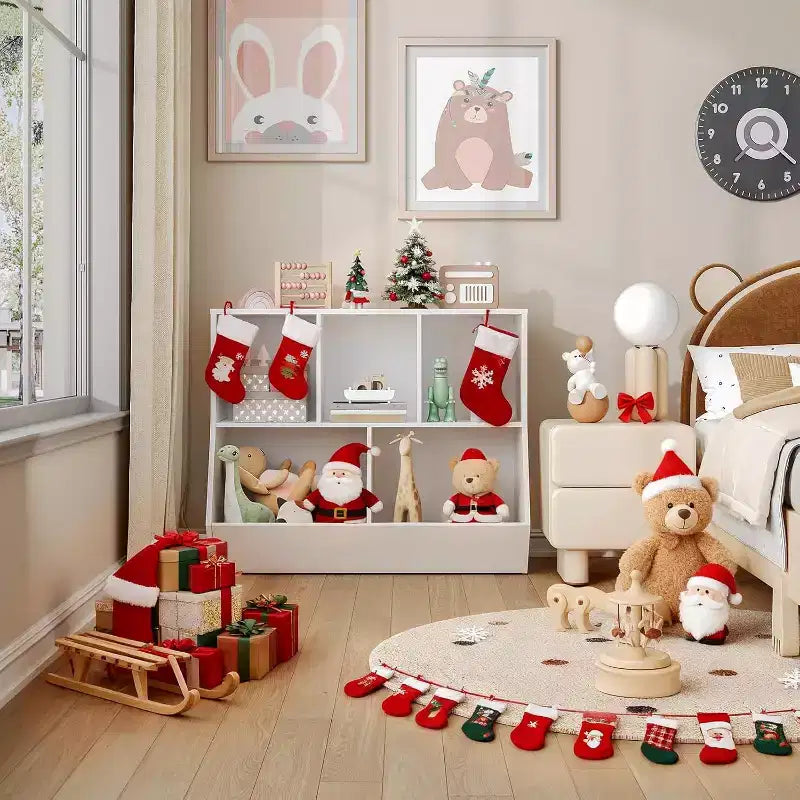 Étagère à livres pour enfants de 89,9 cm avec pied de lit bibliothèque - Rangement de jouets, étagère à jouets pour enfants et armoire de rangement à 5 compartiments