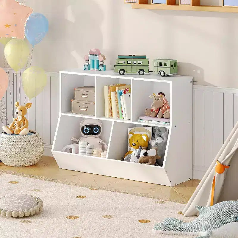 Étagère à livres pour enfants de 89,9 cm avec pied de lit bibliothèque - Rangement de jouets, étagère à jouets pour enfants et armoire de rangement à 5 compartiments