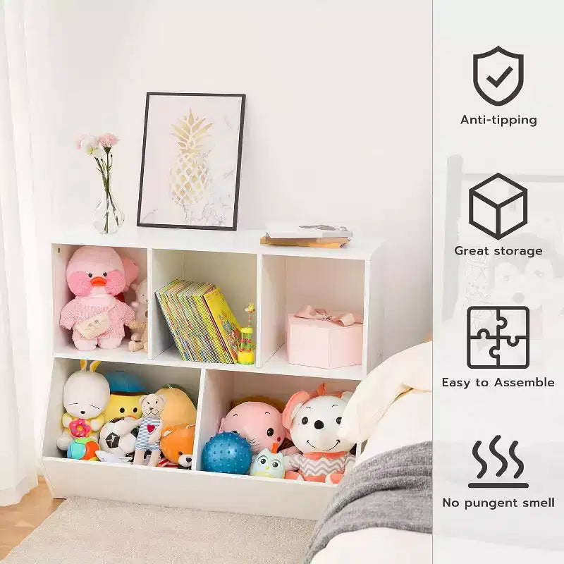 Étagère à livres pour enfants de 89,9 cm avec pied de lit bibliothèque - Rangement de jouets, étagère à jouets pour enfants et armoire de rangement à 5 compartiments