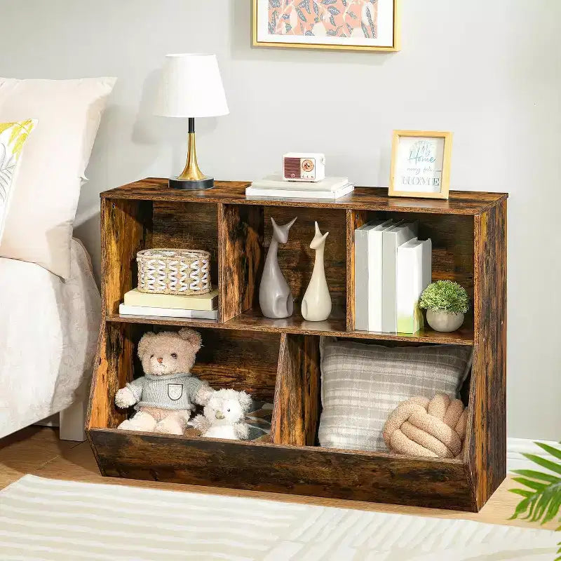 Étagère à livres pour enfants de 89,9 cm avec pied de lit bibliothèque - Rangement de jouets, étagère à jouets pour enfants et armoire de rangement à 5 compartiments
