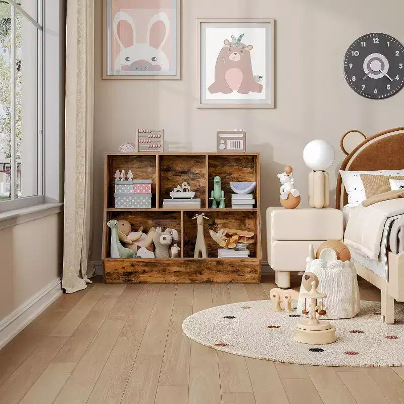 Étagère à livres pour enfants de 89,9 cm avec pied de lit bibliothèque - Rangement de jouets, étagère à jouets pour enfants et armoire de rangement à 5 compartiments