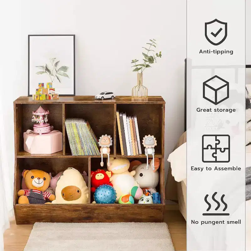 Étagère à livres pour enfants de 89,9 cm avec pied de lit bibliothèque - Rangement de jouets, étagère à jouets pour enfants et armoire de rangement à 5 compartiments