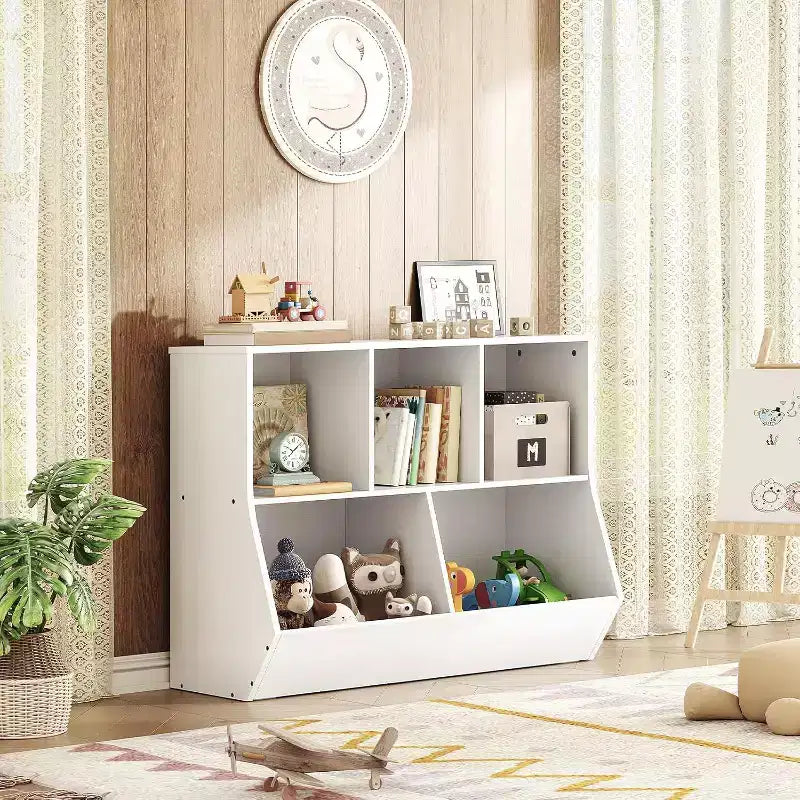 Étagère à livres pour enfants de 89,9 cm avec pied de lit bibliothèque - Rangement de jouets, étagère à jouets pour enfants et armoire de rangement à 5 compartiments
