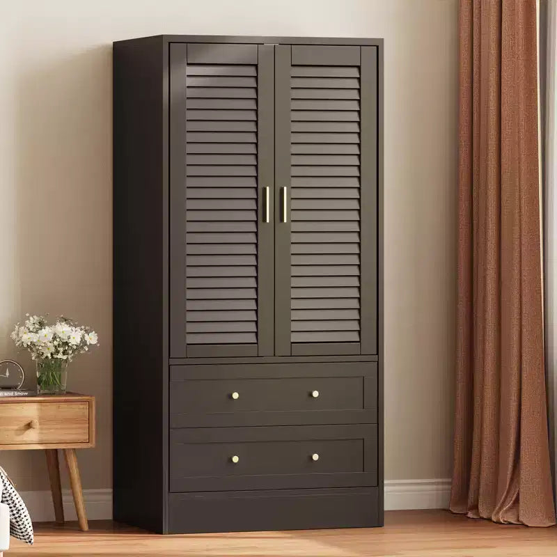 Armoire penderie à persiennes de 165 cm, Meuble de rangement en bois avec 2 portes et 2 tiroirs, Armoire de chambre avec tringle de suspension