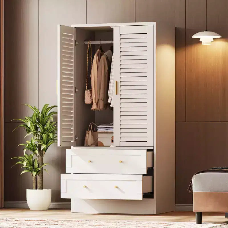 Armoire penderie à persiennes de 165 cm, Meuble de rangement en bois avec 2 portes et 2 tiroirs, Armoire de chambre avec tringle de suspension