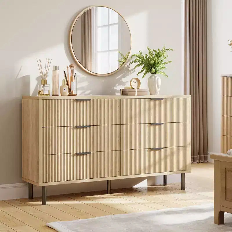 Commode 5 tiroirs cannelés ondulés pour chambre à coucher, commode en bois moderne avec tiroirs larges, commode en bois pour chambre d'enfant avec pieds en métal pour couloir entrée