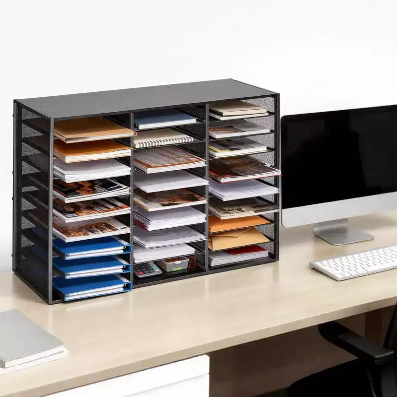 Boîte aux lettres de bureau en métal à compartiments avec grille métallique détachable, Trieur de courrier avec couvercle en bois, Noir