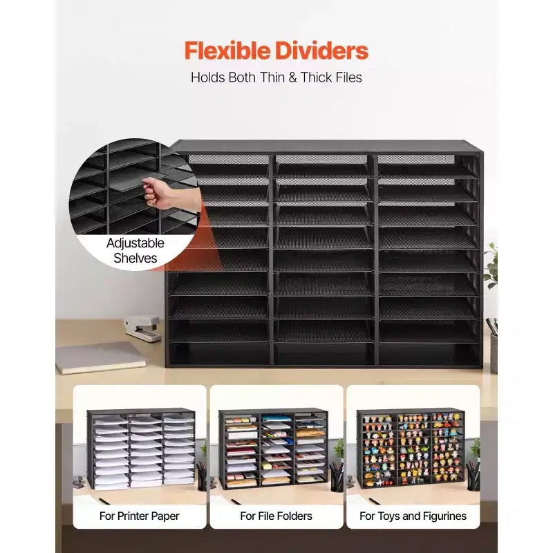 Boîte aux lettres de bureau en métal à compartiments avec grille métallique détachable, Trieur de courrier avec couvercle en bois, Noir