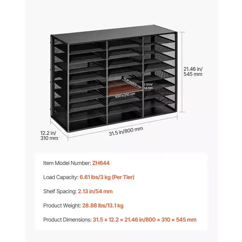 Boîte aux lettres de bureau en métal à compartiments avec grille métallique détachable, Trieur de courrier avec couvercle en bois, Noir