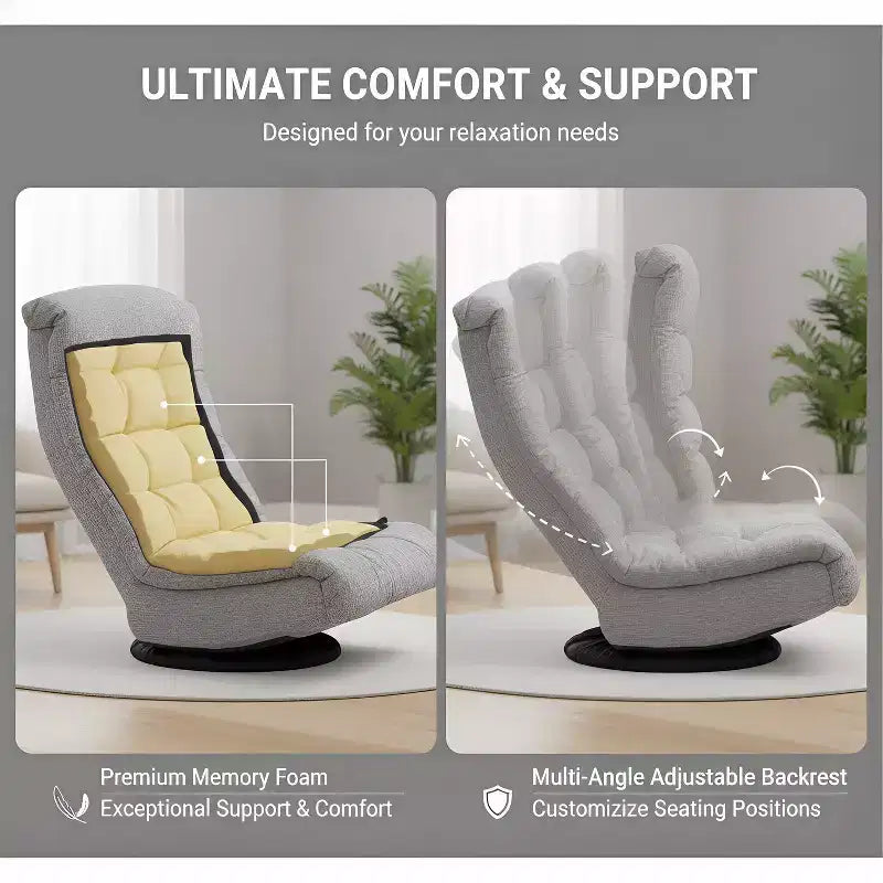 Fauteuil de salon pivotant en mousse avec appui-tête compatible avec le sol Chaise de jeu réglable Gris 26x23x14 pouces