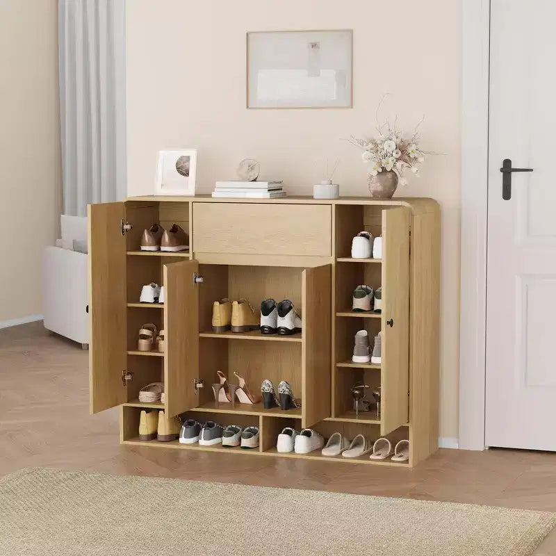 Meuble à chaussures de 120 cm avec 4 portes et 1 tiroir, organiseur d'entrée grande capacité avec coins arrondis, meuble à chaussures étroit pour couloir, salon