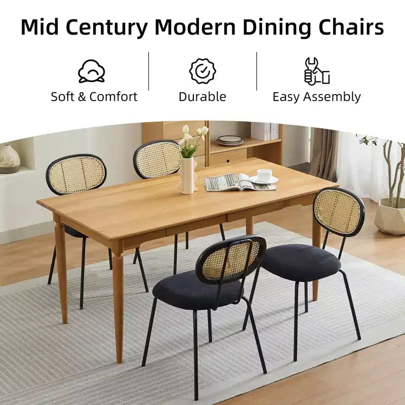 Chaises de salle à manger en velours de style moderne du milieu du siècle Chaises en métal rembourrées avec dossier en rotin pour cuisine et salon