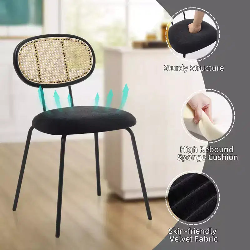 Chaises de salle à manger en velours de style moderne du milieu du siècle Chaises en métal rembourrées avec dossier en rotin pour cuisine et salon