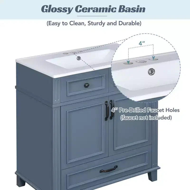 Meuble-lavabo de salle de bain rétro autoportant avec évier en céramique, meuble de rangement en bois massif bleu avec portes à fermeture douce pour salle d'eau