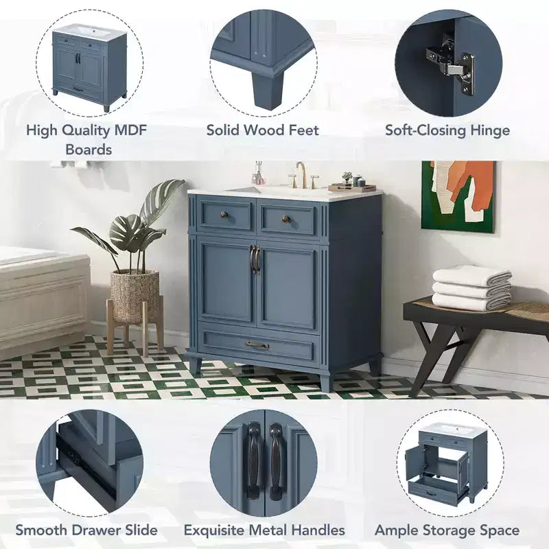 Meuble-lavabo de salle de bain rétro autoportant avec évier en céramique, meuble de rangement en bois massif bleu avec portes à fermeture douce pour salle d'eau
