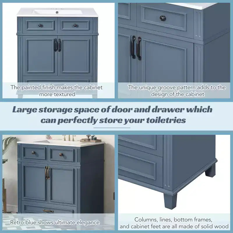 Meuble-lavabo de salle de bain rétro autoportant avec évier en céramique, meuble de rangement en bois massif bleu avec portes à fermeture douce pour salle d'eau