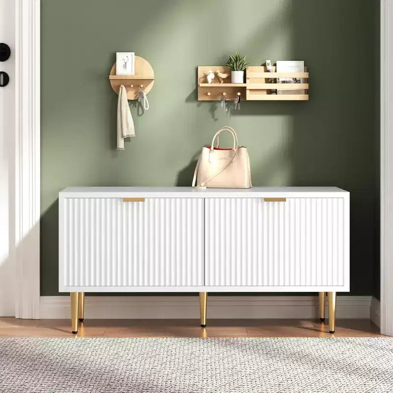 Banc de rangement à chaussures cannelé moderne de 107 cm avec placard, banc à chaussures d'entrée en bois pour couloir, hall d'entrée, vestiaire ou porte d'entrée