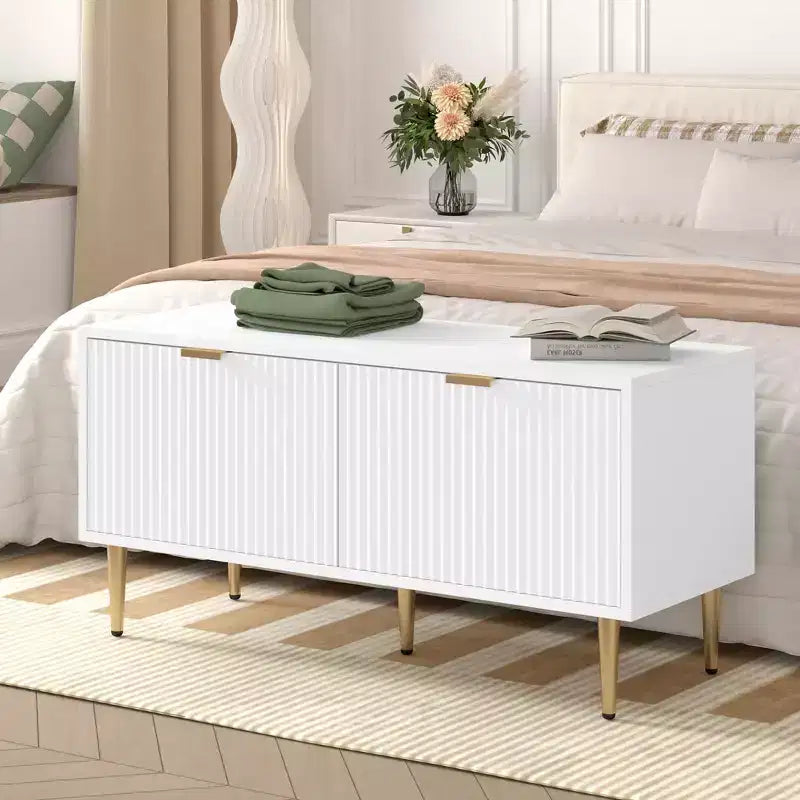 Banc de rangement à chaussures cannelé moderne de 107 cm avec placard, banc à chaussures d'entrée en bois pour couloir, hall d'entrée, vestiaire ou porte d'entrée
