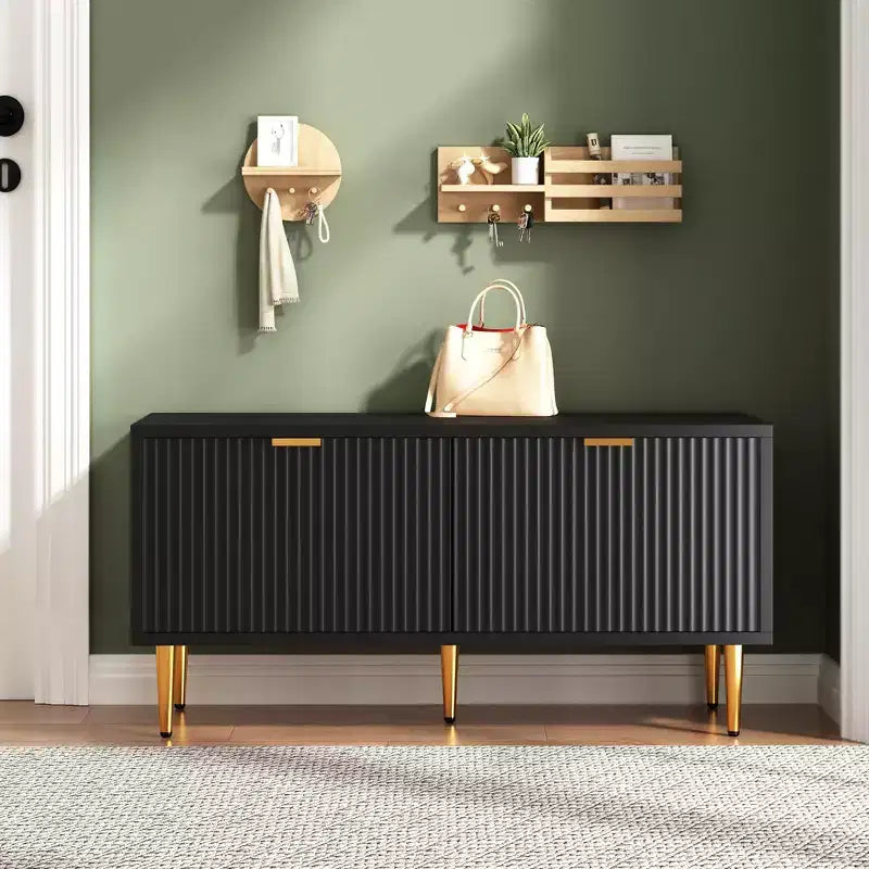 Banc de rangement à chaussures cannelé moderne de 107 cm avec placard, banc à chaussures d'entrée en bois pour couloir, hall d'entrée, vestiaire ou porte d'entrée