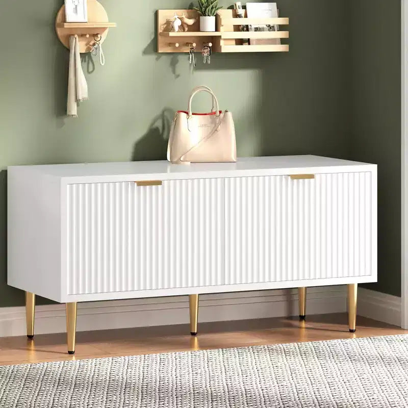 Banc de rangement à chaussures cannelé moderne de 107 cm avec placard, banc à chaussures d'entrée en bois pour couloir, hall d'entrée, vestiaire ou porte d'entrée