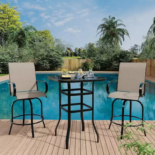 Counter Height Garden Bar Stools Set of 2, 360 Swivel Outdoor Patio Chairs with Armrests & High Back, Breathable Textilene Mesh Bar Seating for Deck