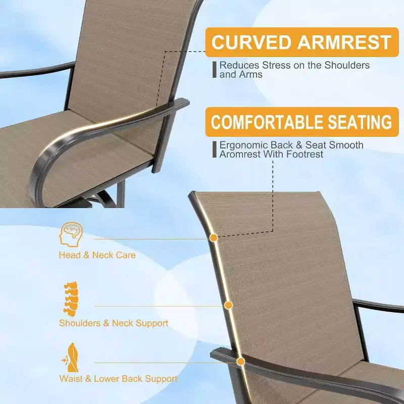 Fauteuils de patio extérieurs pivotants à 360° avec accoudoirs et dossier haut, sièges de bar en textilène respirant pour terrasse