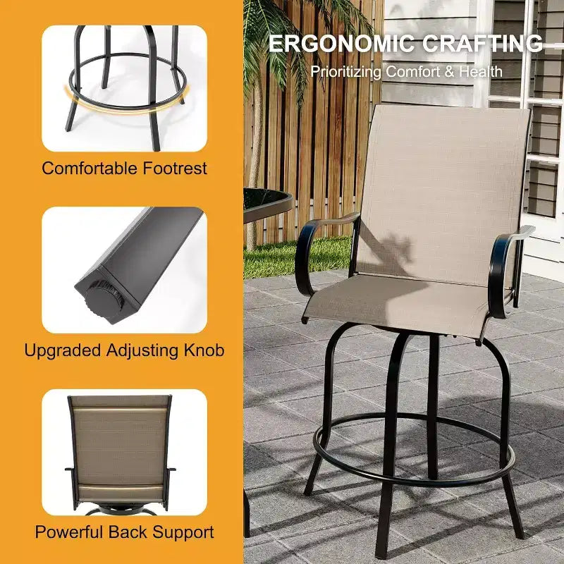 Fauteuils de patio extérieurs pivotants à 360° avec accoudoirs et dossier haut, sièges de bar en textilène respirant pour terrasse