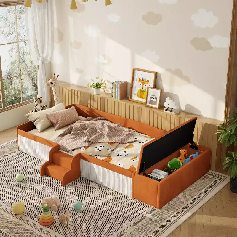 Twin/Full/Queen/King Size Kid Platform Bed Frame Velvet Upholstered Daybed Toddler Bed with Storage Ottoman, Padded Guardrails & Stairs - ModernLuxe