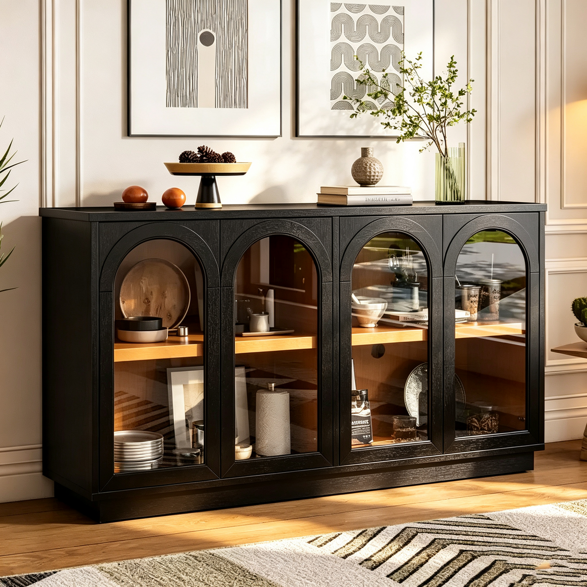 Buffet, Meuble de rangement voûté avec 4 portes vitrées, étagères réglables pour cuisine, salle à manger et salon